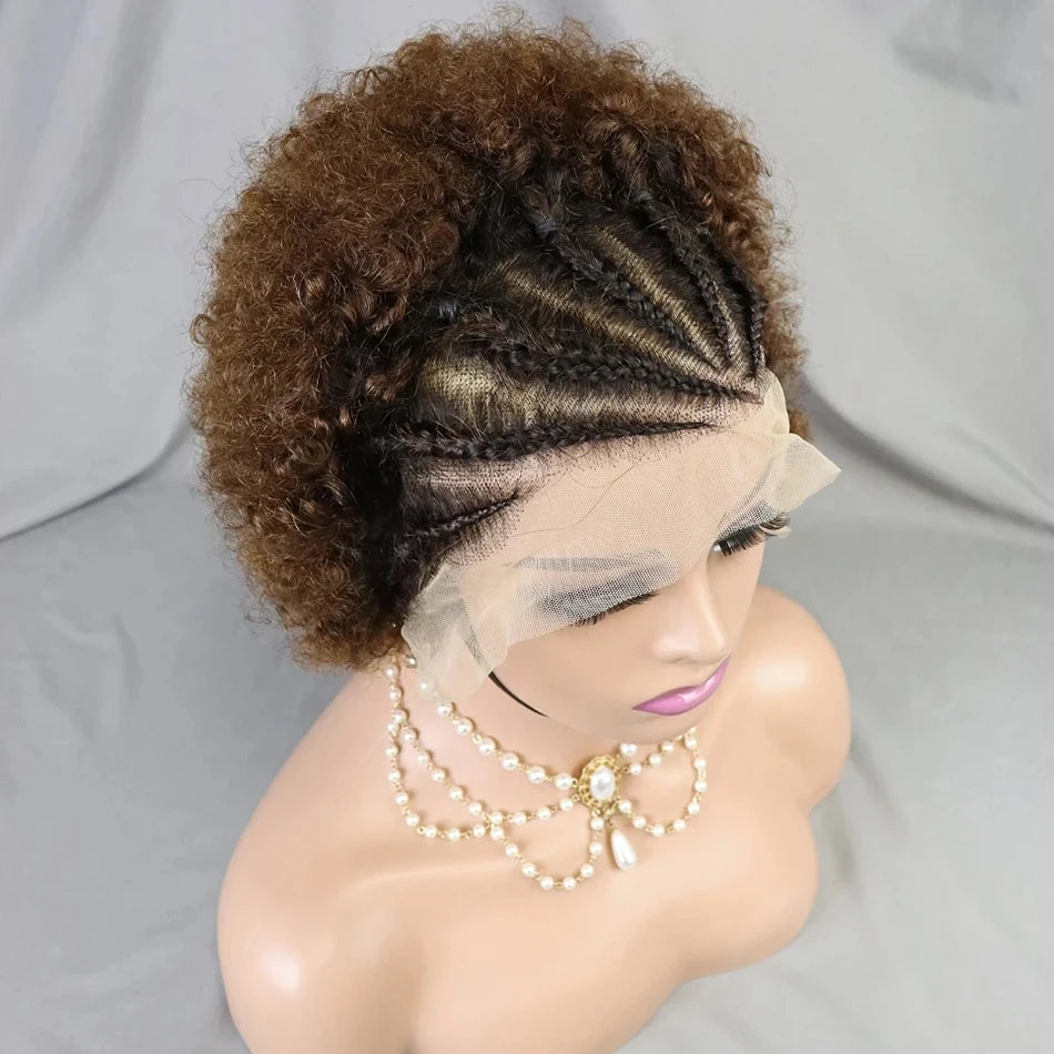 Lace Front African Short Curly Wig Human Hair Pre-colored Front Braided African Curly Brazilian Elastic Curly Hair