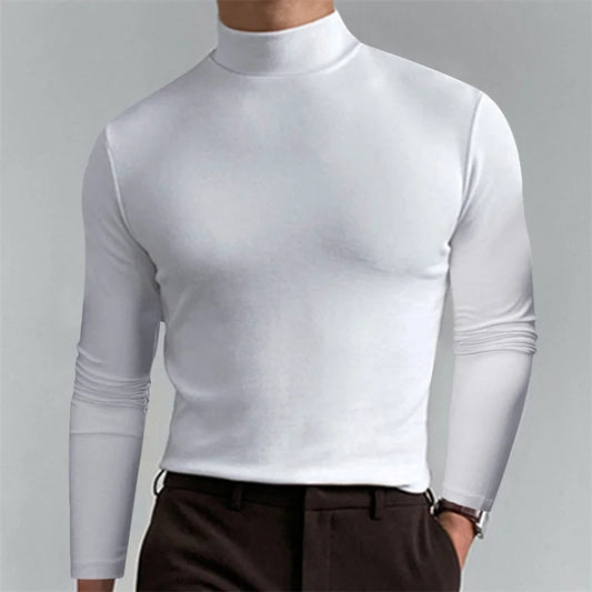 Men Casual Base T-shirts Long Sleeve High Neck Slim Elastic Thin Shirts Spring Autumn Fashion Simple Solid Color Daily Tops