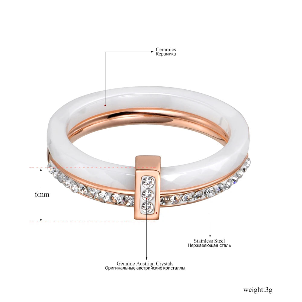 Lokaer 2 Layers Black/White Ceramic Crystal Wedding Rings Jewelry Rose Gold Plated Stainless Steel Rhinestone Engagement R18054