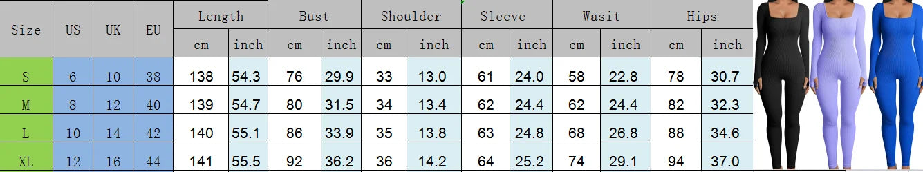 Women Skinny Jumpsuit Solid Color Ribbed Knit Long Sleeve Square Neck Bodycon Jumpsuit Romper Work Out Sport Yoga Playsuits