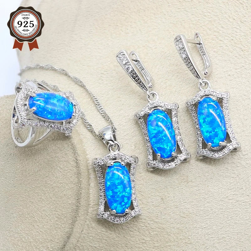 95%off Silver 925 Blue Opal Bridal Jewelry Sets For Women Necklace Earrings Pendants Ring Sets For Birthdays Gift