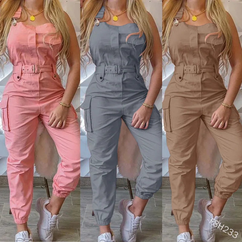 Women's Bib Pants Overalls Sleeveless Adjustable Straps Cargo Jumpsuit Beam Foot Romper Trousers with Belt