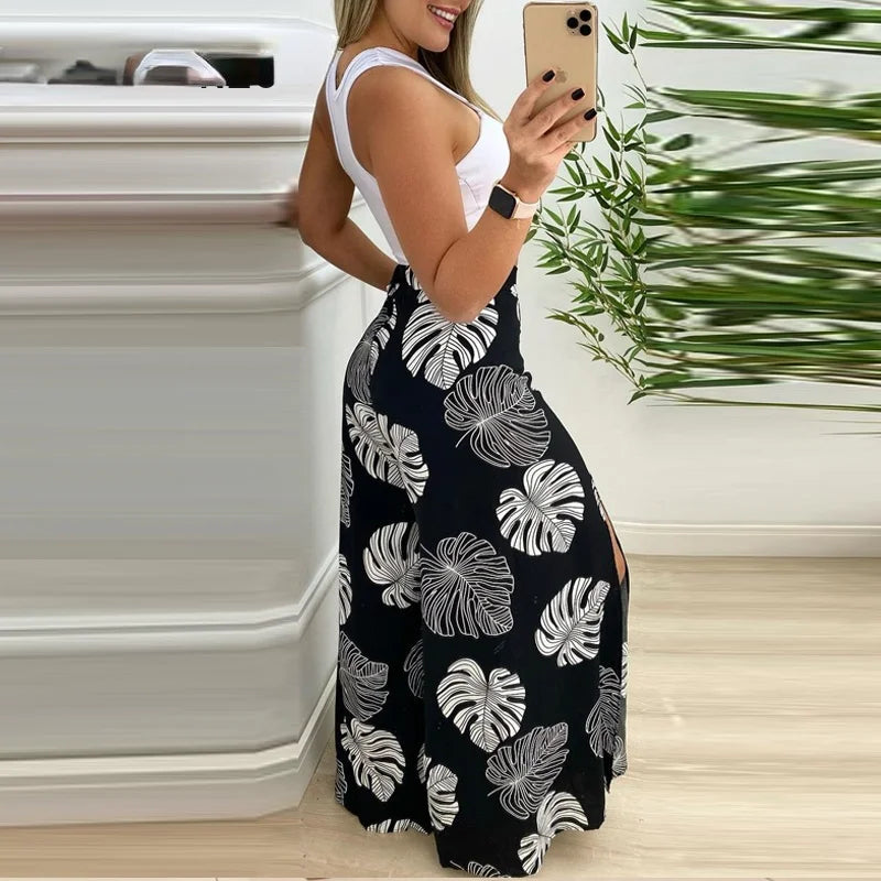 Summer Suit Women Solid Cut-out Tank Top & Tropical Print Split Wide Leg Pants Set