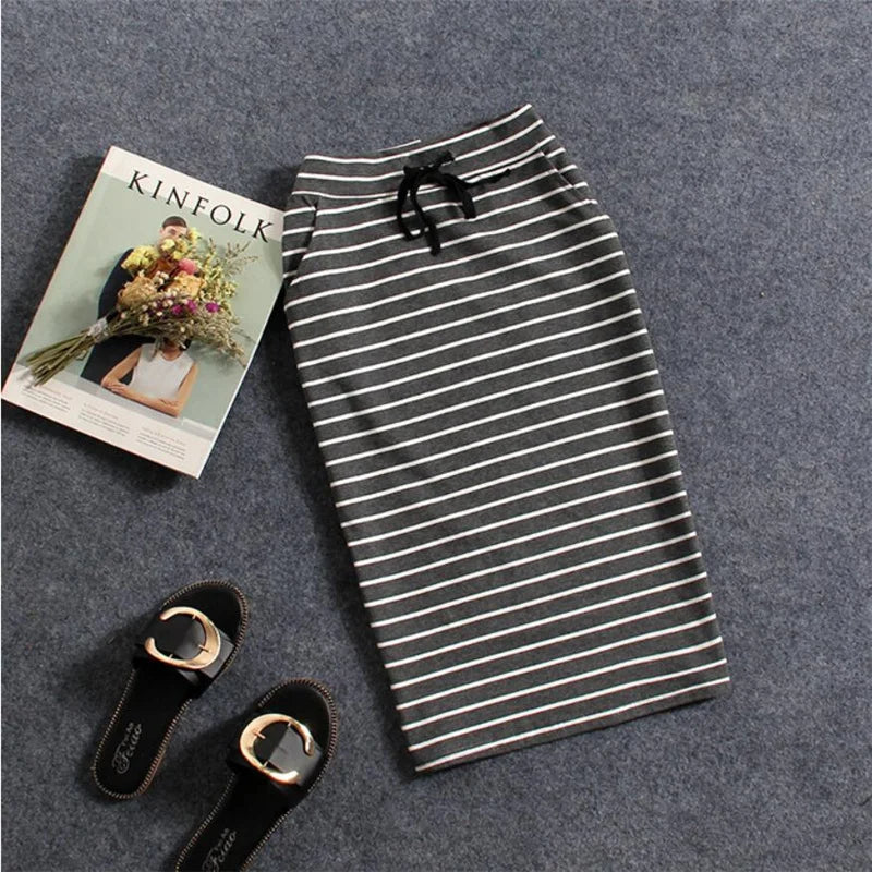 Korean Womens Black White Striped One-Step Skirt Spring Summer Woman Casual Pocket Mid-length Slim Bag Hip Skirts Female