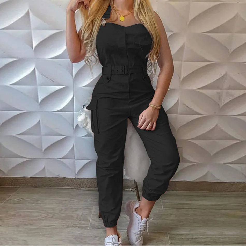 Women's Bib Pants Overalls Sleeveless Adjustable Straps Cargo Jumpsuit Beam Foot Romper Trousers with Belt