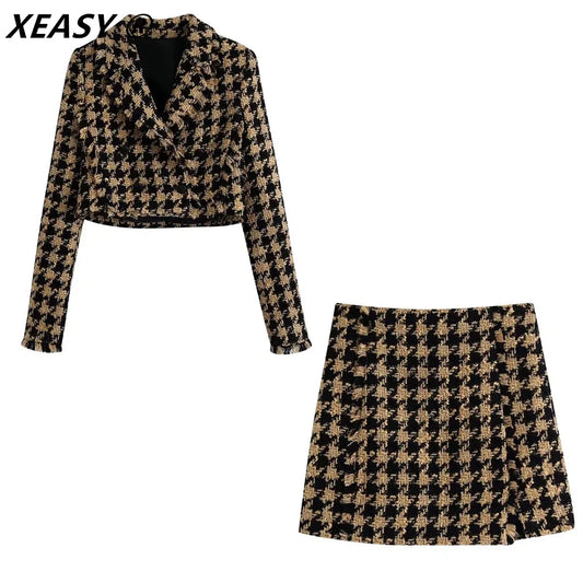 XEASY 2021 Tweed Two pieces set Women Yellow Vintage V Neck Long Sleeve Office Lady slim Blazer Coat Female Hight Waist skirt s