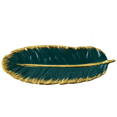 Luxury Ceramic Platter Storage Tray with Glod Rim Green Leaf  Feather Jewelry Makeup Brush  Decorative Sushi Plate