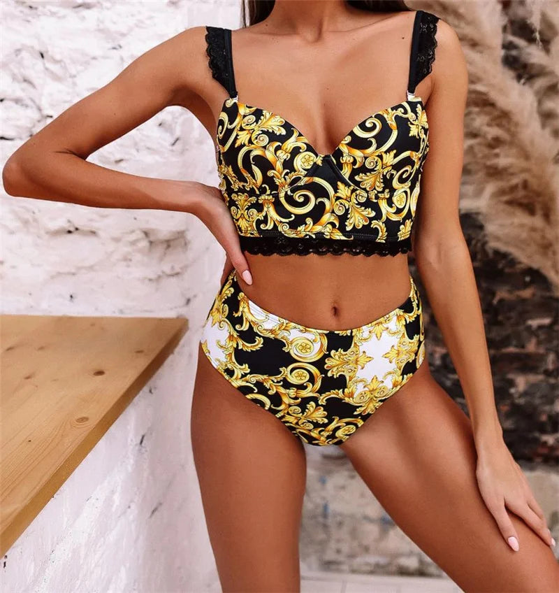 Sexy Vintage Print Women's Bikini Set Lace Strappy Padded Bra High Waist Bottoms Swimsuit Fashion Female Beachwear Swimwear