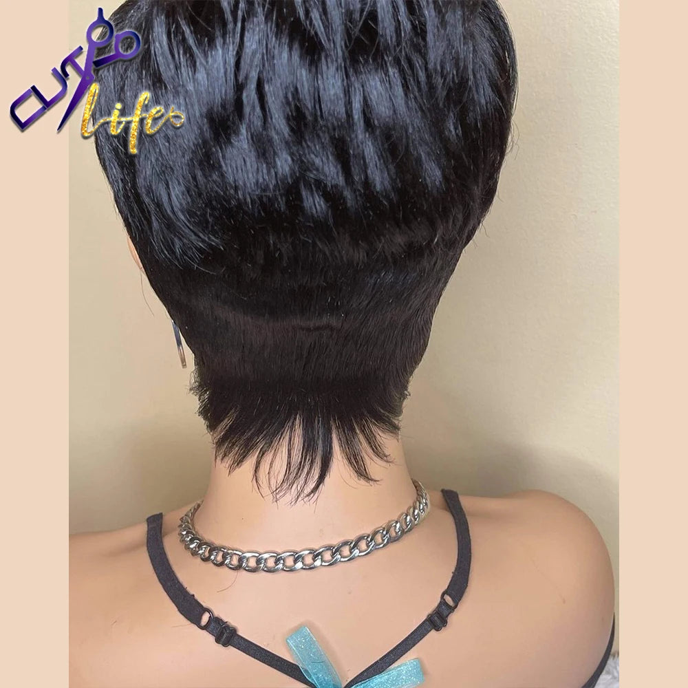 Beauty Short Bob Wavy Wig With Bangs Full Machine Made No Lace Wigs For Women Brazilian Remy Straight Human Hair Pixie Cut Wig