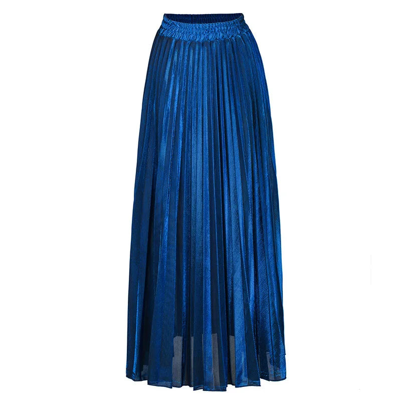 LANMREM 2024 new Spring fashion women clothes high waist A-line pleated sliver vintage elastic long halfbody skirt WH28501XL