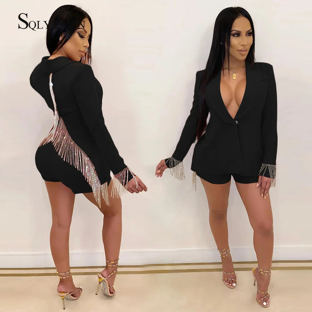 sexy fashion tassel 2 piece sets women fall elegant blazer long jacket shorts office lady black white co ords outfits plus size