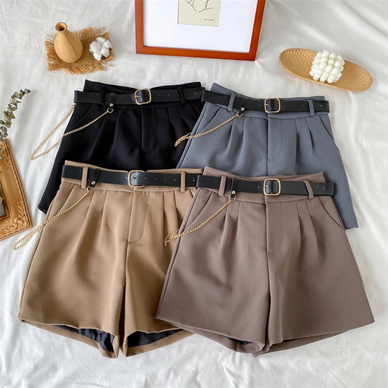 Women's Office Shorts High Waist Thin Wide Legged A-Line Suit Shorts Female Korean Style Casual New Short Pants with Belt