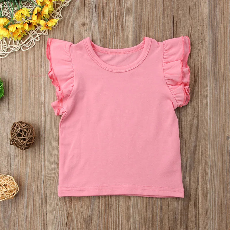 0-6Y Cute Newborn Toddler Kids Baby Girl T Shirts Clothes Fly Sleeve Solid Color Cotton T-shirt Tee Outfits Summer Clothes