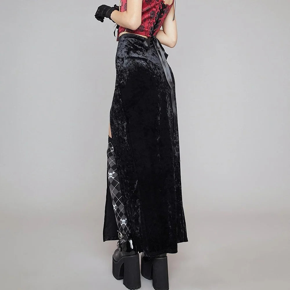 Vintage Black Velvet Split Skirts Aesthetic Sexy High Waist Bow Bodycon Long Skirt Elegant E Girl Punk Partywear Clothes