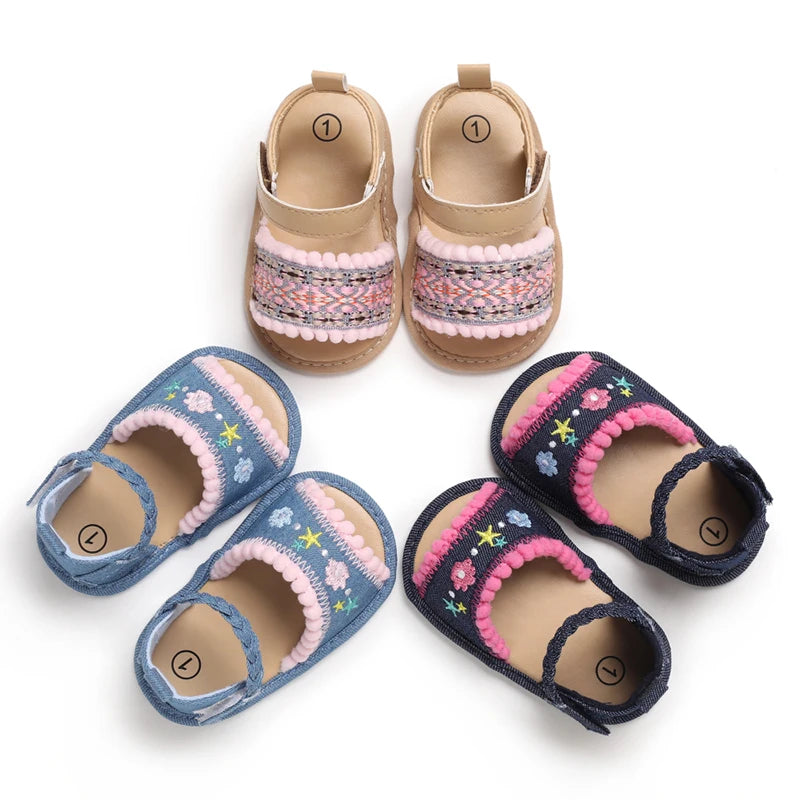 Summer Baby Girl Cute Flower Print Embroidered Sandal Soft Soled Comfortable Flat Shoes 0-18 Months Baby Baby Walking Shoes