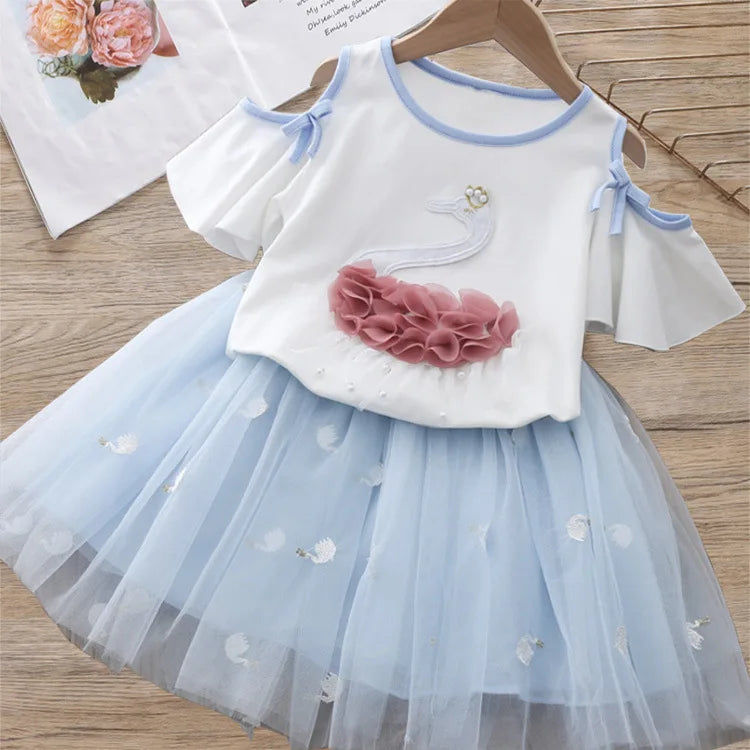 2021 Summer Girls' Clothing Sets Denim Flower Embroidered Lapel Top+Net Yarn Skirt 2PCS Suit Princess Baby Kids Children Clothes