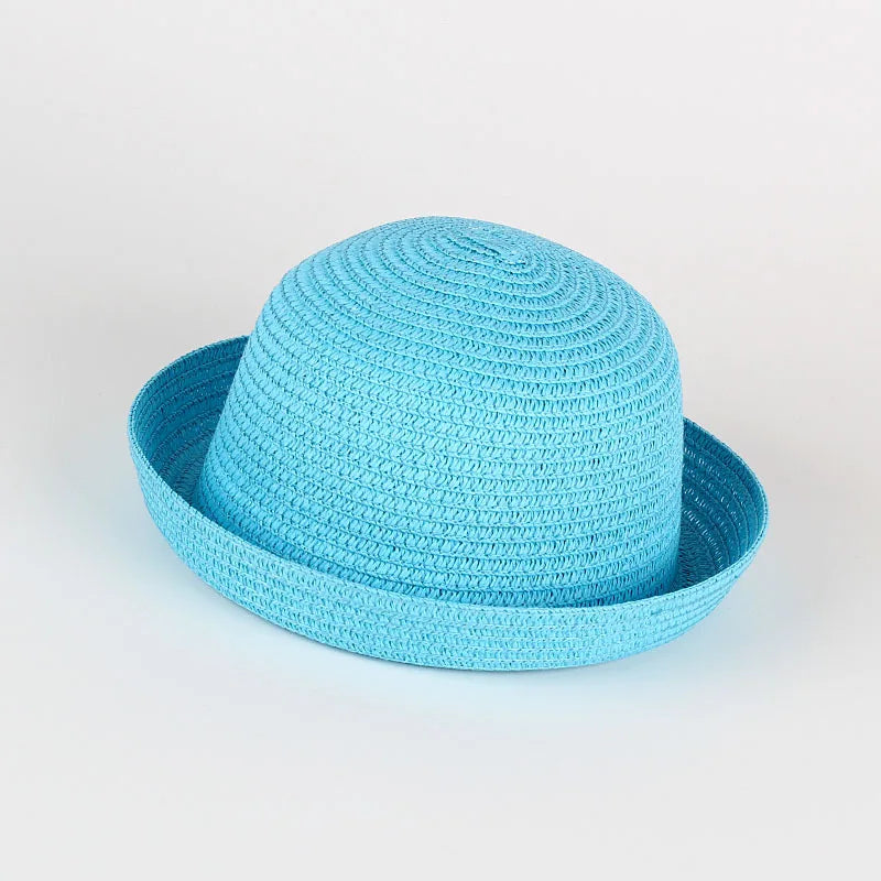 Wholesale Baby Straw Hat Solid Color Kids Character Decoration Infant Sun Hats Girl Boys Bucket Cap Children Beach Panama Caps