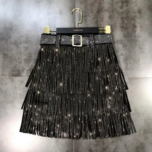 Women Skirt Fashion 2024 New Autumn High Waist Belt Multi Layer Short  Heavy Drilling Rhinestones Fringed Skirt with Cake A Line