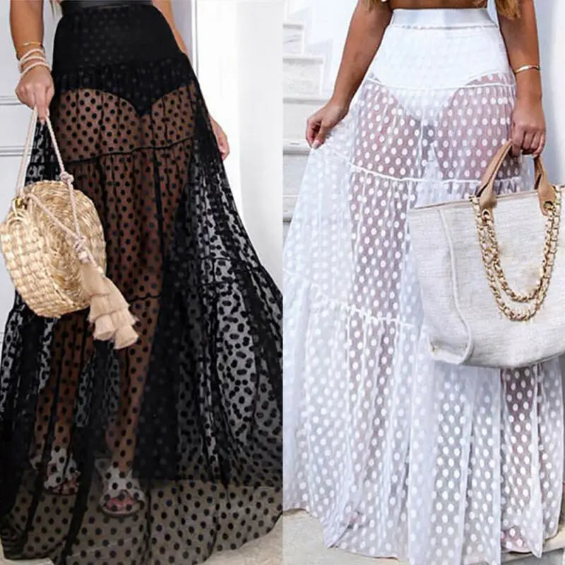 Women Summer Beach Sundress Boho Maxi High Waist Sheer Skirt Retro Polka Dot Long Skirts Club Party