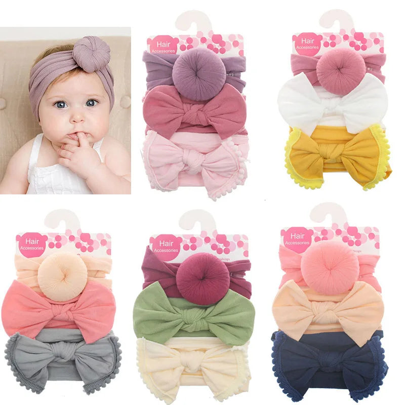 3Pcs/Set Solid Color Soft Nylon Elastic Baby Headband Bows Knotted Newborn Baby Girl Headbands Hair Accessories Girls Haarband