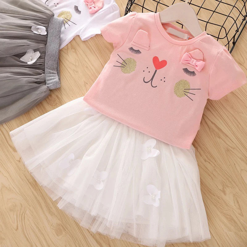 2021 Summer Girls' Clothing Sets Denim Flower Embroidered Lapel Top+Net Yarn Skirt 2PCS Suit Princess Baby Kids Children Clothes