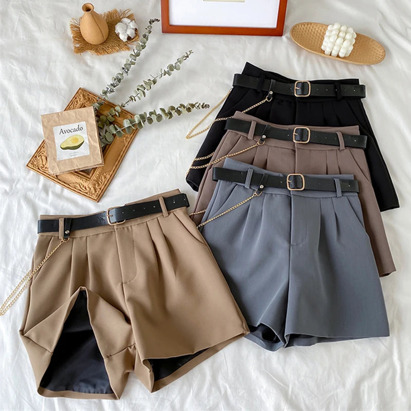 Women's Office Shorts High Waist Thin Wide Legged A-Line Suit Shorts Female Korean Style Casual New Short Pants with Belt