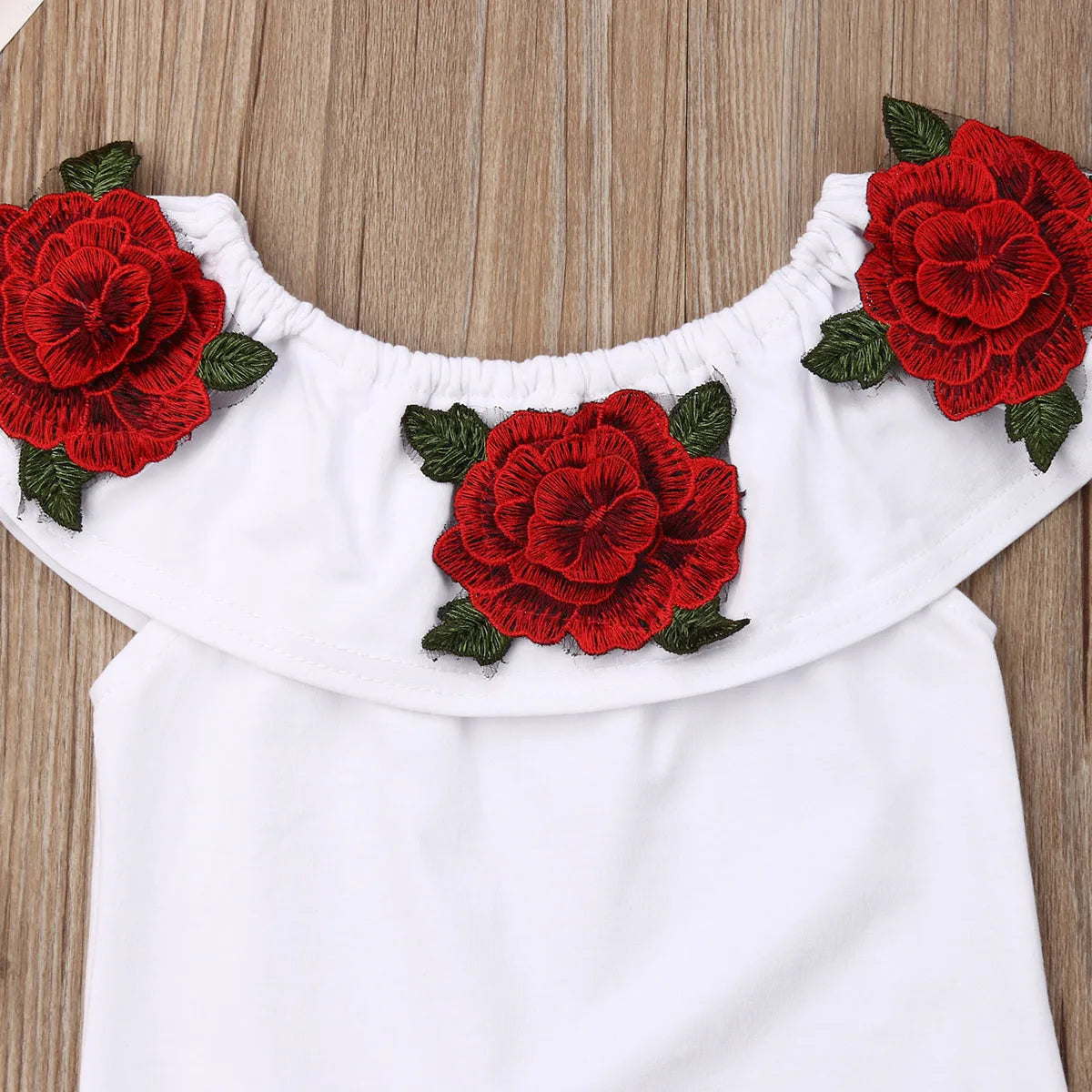 1-7 Years Infant Kid Baby Girls Clothes Set Off Shoulder 3D Rose Flower Ruffle White T-shirt Tops + Shorts Outfits Sets