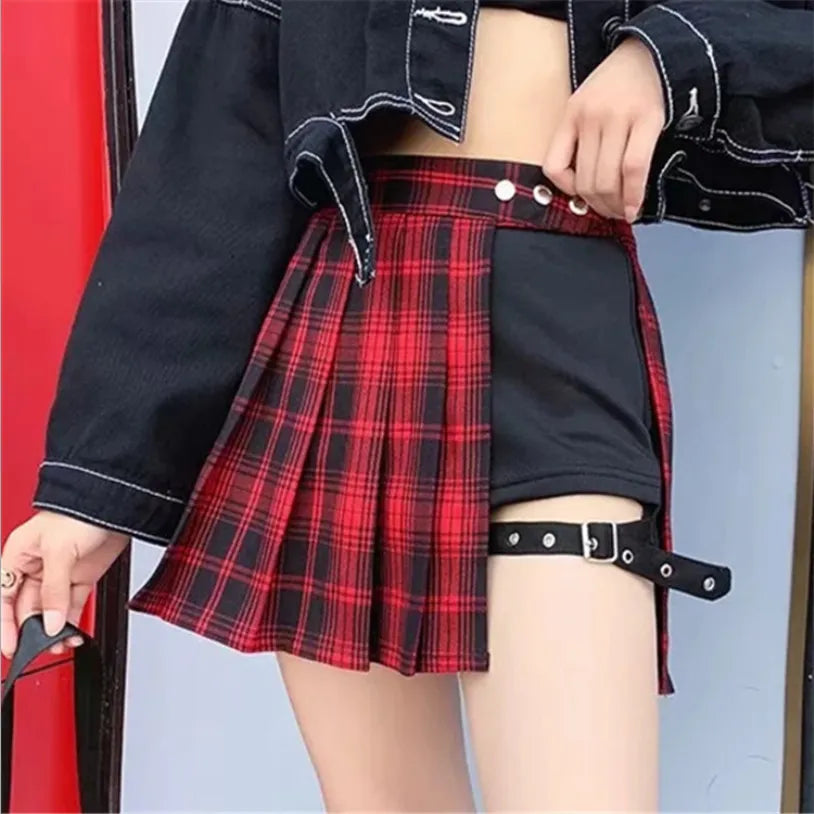 All Match Women Short Skirt Fashion Tartan Red Pleated Skirts Streatwear Plaid Side Button Skirt Womens Casual Mini Skirt