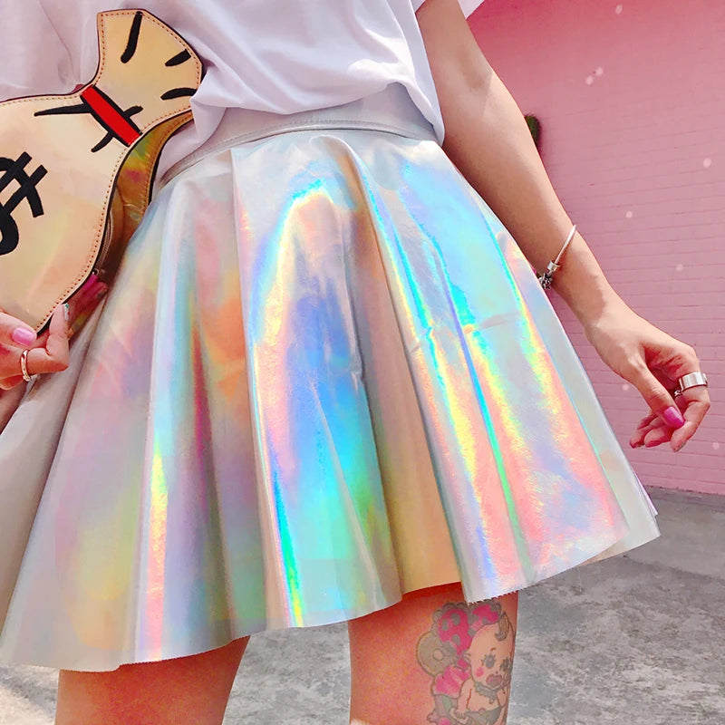 Harajuku Casual Sexy Laser Hight Waist Micro Mini Short JK Skirts Women Rainbow Holographic Pleated Skirts Women PU Solid Skirts