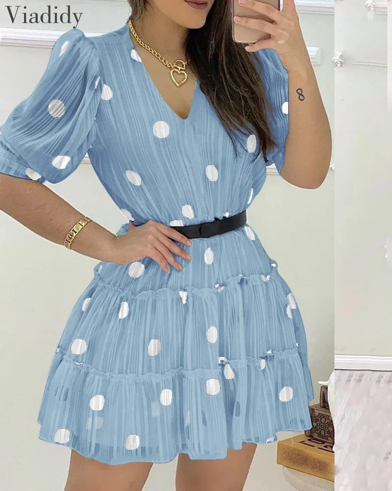 Polka Dots Mesh Puff Sleeve A-line Dress Women Sweet Ruffles V Neck Casual Mini Dress No Belt