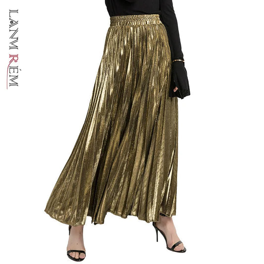 LANMREM 2024 new Spring fashion women clothes high waist A-line pleated sliver vintage elastic long halfbody skirt WH28501XL