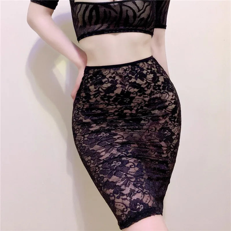 Sexy Women Lace See Through High Waist Slim Fit Skirt Female Nightclub Transparent Hollow Out Step Hip Skirt OL Fashion Skirt F1