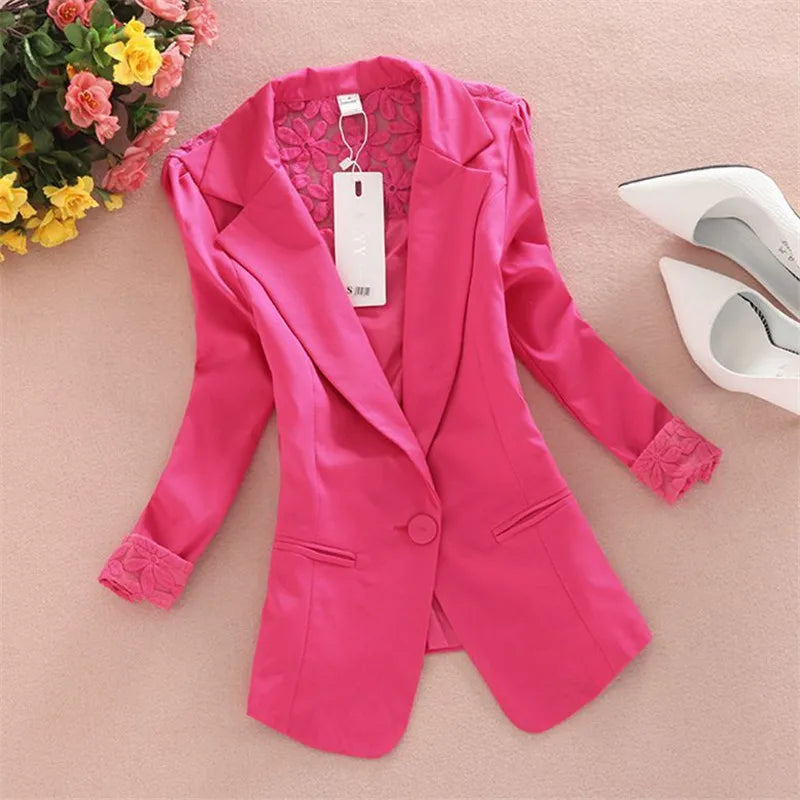 2024 New Women's Blazers Notched Collar Business Suits Female Work Office Ladies Lece Hook Flower Casual Blazer Outerwear