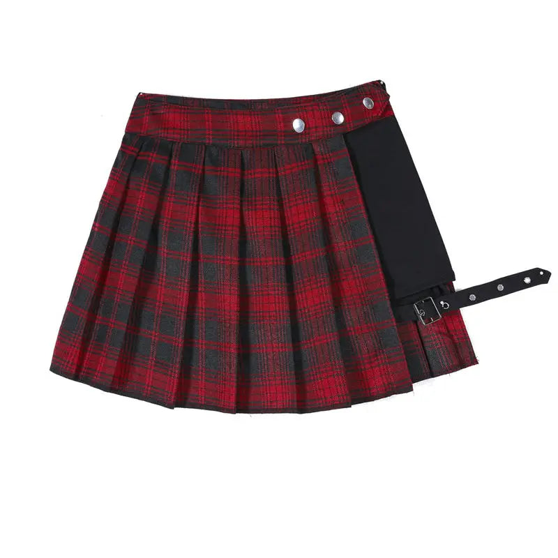 All Match Women Short Skirt Fashion Tartan Red Pleated Skirts Streatwear Plaid Side Button Skirt Womens Casual Mini Skirt