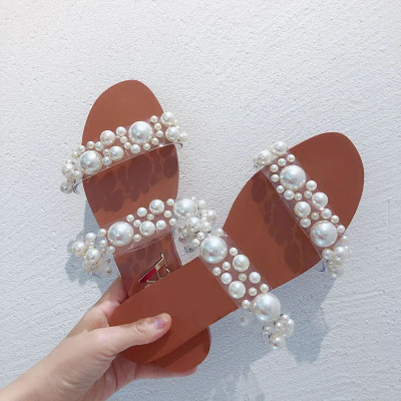 Ladies bohemian pearl slippers open toe flat sandals crystal flip flops summer shoes new style 2021 transparent flat sandals