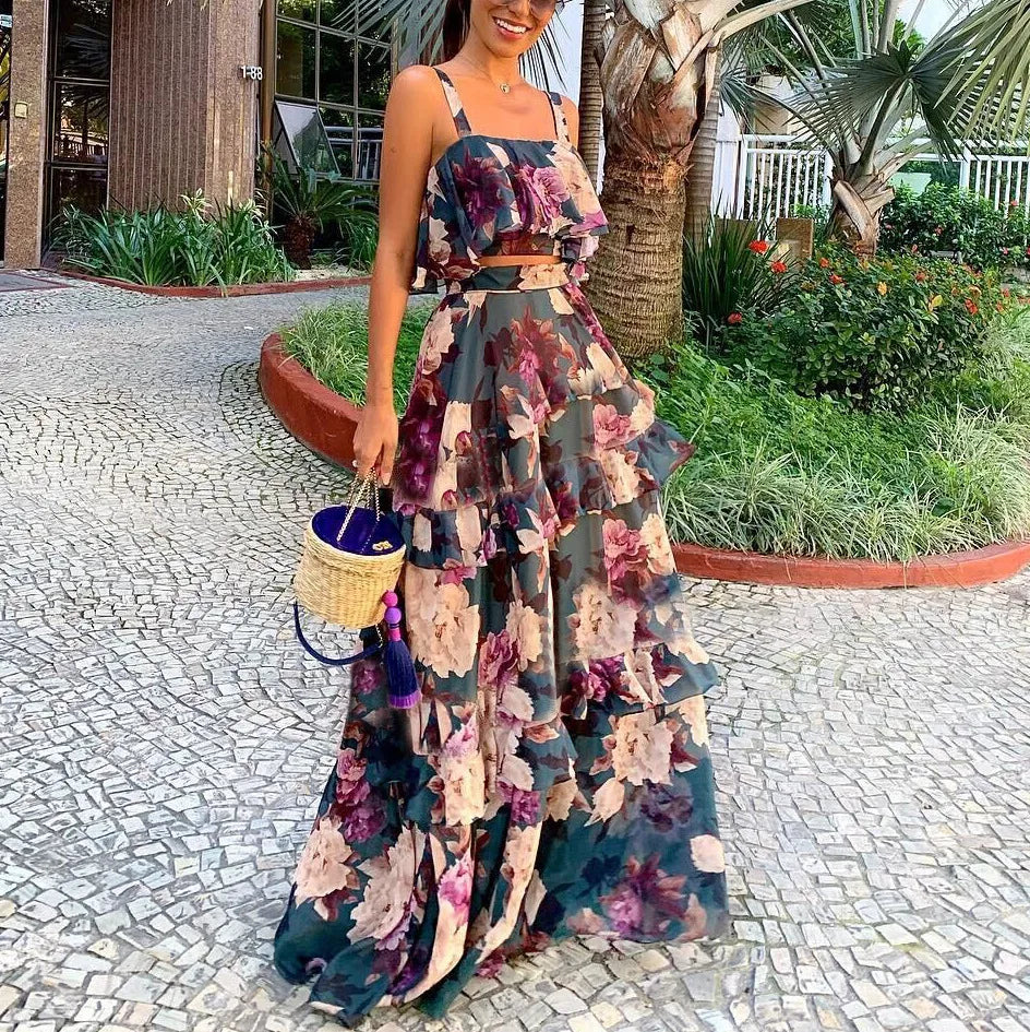 Women Summer Sexy Cake Skirt Sling Crop Top+Maxi Long Skirt Casual Floral Printed Ruffled High Waist Two Piece Set 2022 New