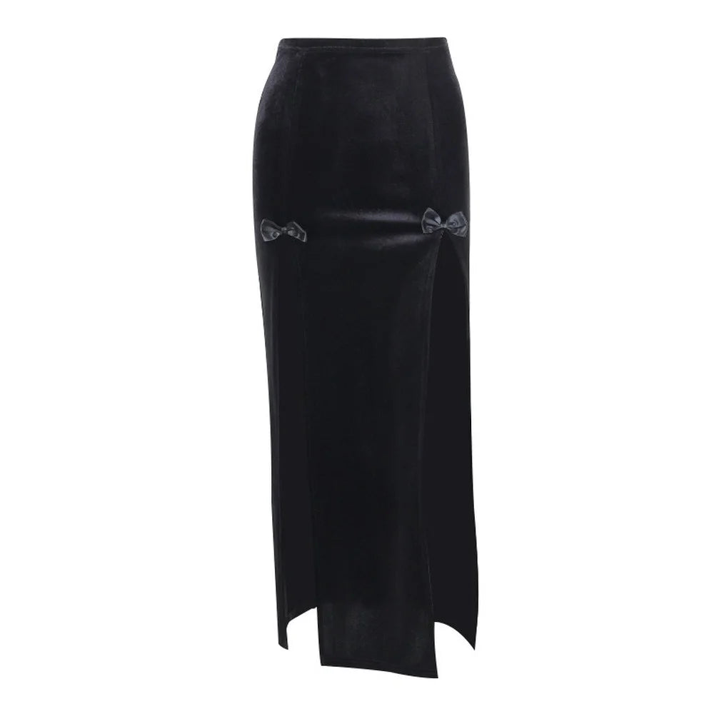 Vintage Black Velvet Split Skirts Aesthetic Sexy High Waist Bow Bodycon Long Skirt Elegant E Girl Punk Partywear Clothes