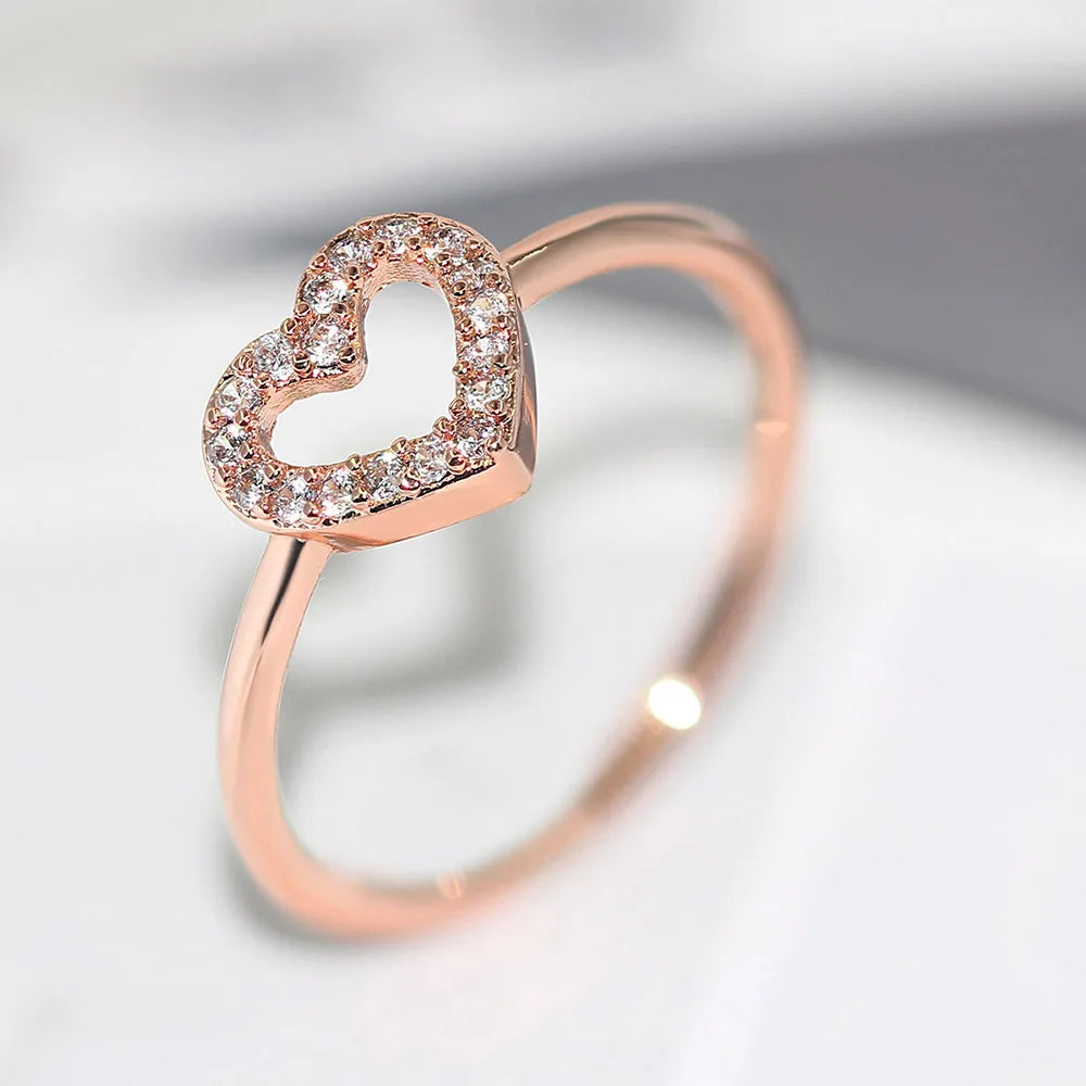 Double Fair Heart Rings For Women Girls Rose Gold Color Zircon Party Daily Female Women's Midi Rings Fashion Jewelry R916