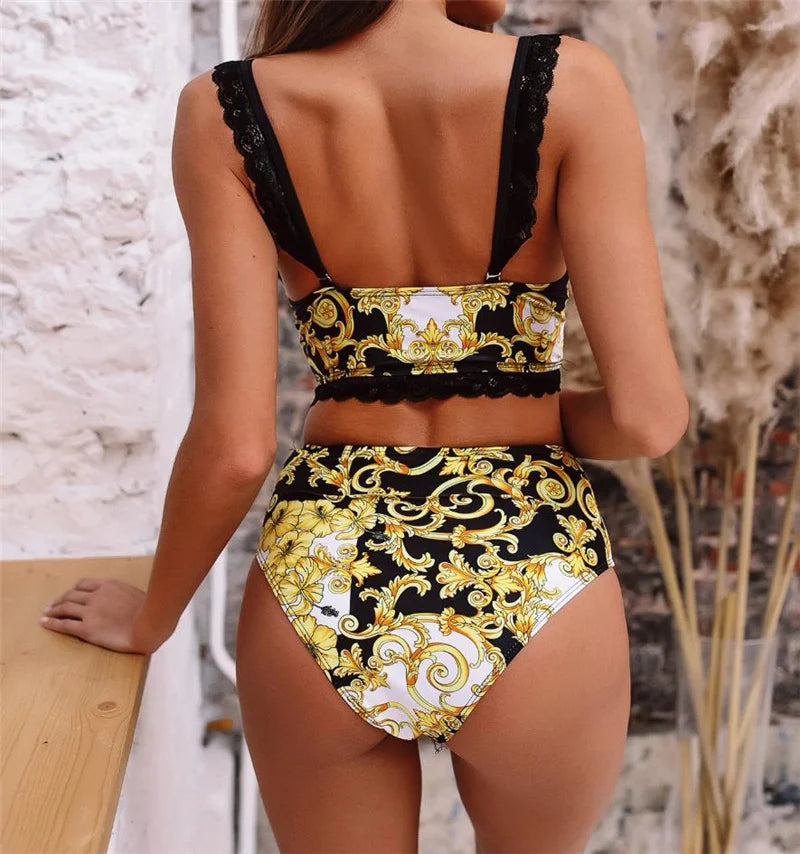 Sexy Vintage Print Women's Bikini Set Lace Strappy Padded Bra High Waist Bottoms Swimsuit Fashion Female Beachwear Swimwear