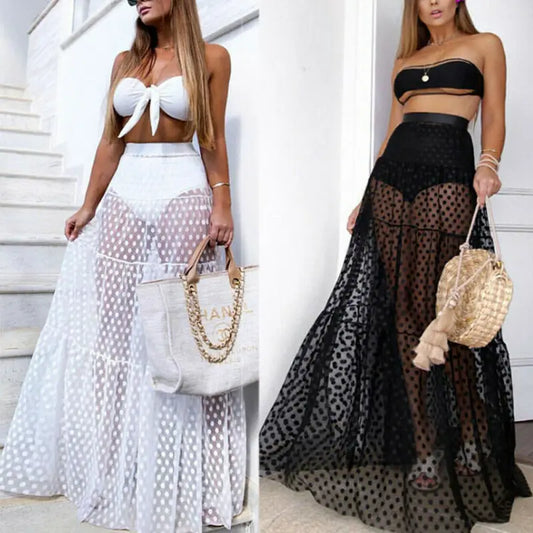 Women Summer Beach Sundress Boho Maxi High Waist Sheer Skirt Retro Polka Dot Long Skirts Club Party