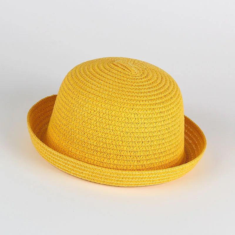 Wholesale Baby Straw Hat Solid Color Kids Character Decoration Infant Sun Hats Girl Boys Bucket Cap Children Beach Panama Caps