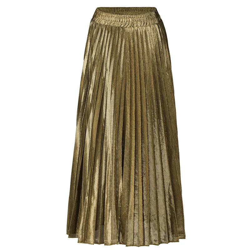 LANMREM 2024 new Spring fashion women clothes high waist A-line pleated sliver vintage elastic long halfbody skirt WH28501XL