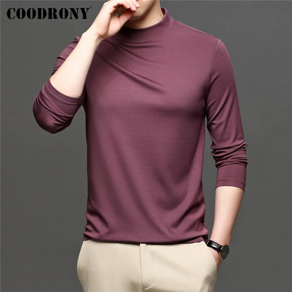 COODRONY Brand Spring Autumn New Arrival All-Match Fashion Casual Pure Color Stand Collar Long Sleeve T-Shirt Men Clothing C5049