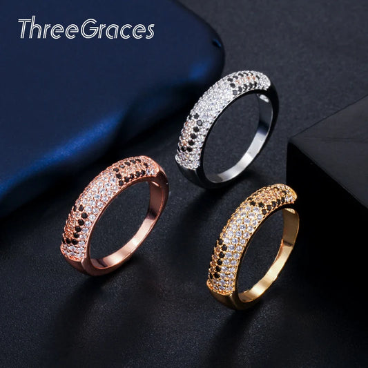 ThreeGraces Hot Shiny Mirco Pave Cubic Zirconia Stone Rose Gold Color Round Engagement Finger Ring Jewelry for Party Women RG094