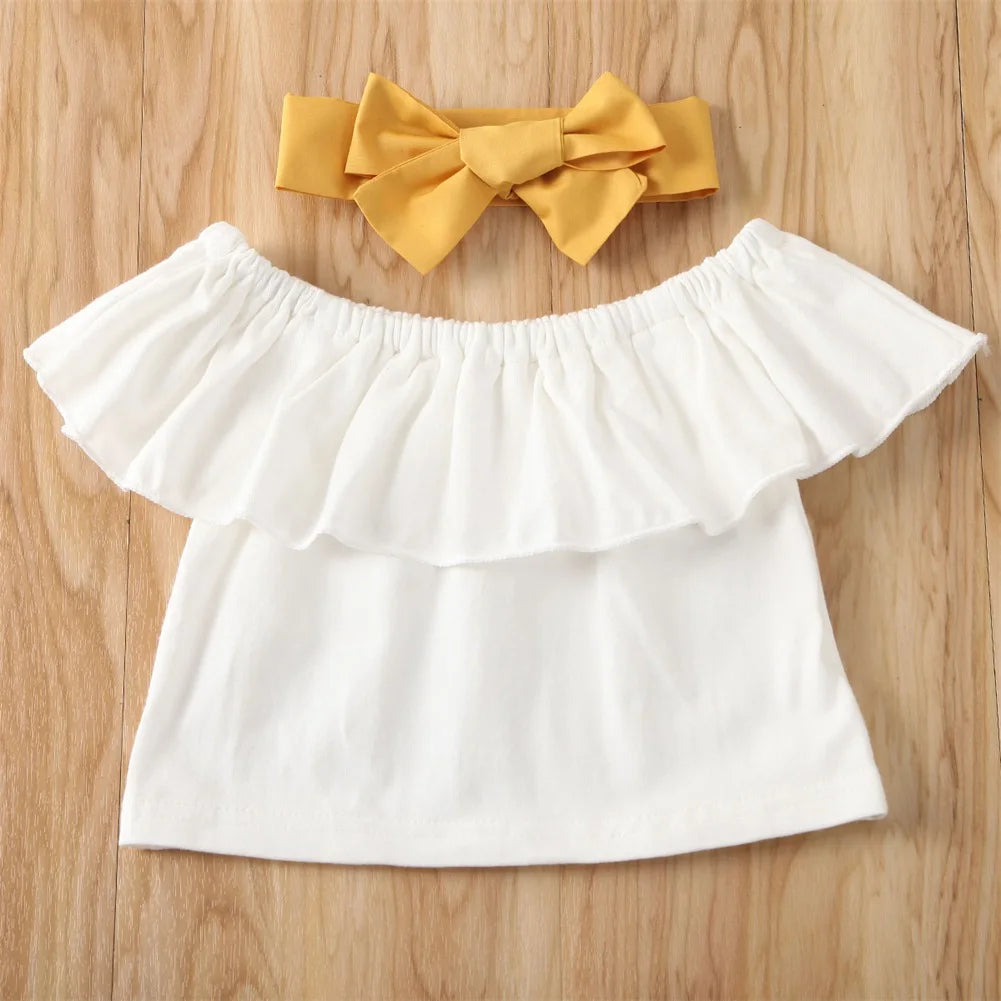 Toddler Kids Baby Girls Off Shoulder Ruffle Top Shirt Elastic Waist Dress Headband 3Pcs Solid Summer Outfit Set Clothes 2-7T