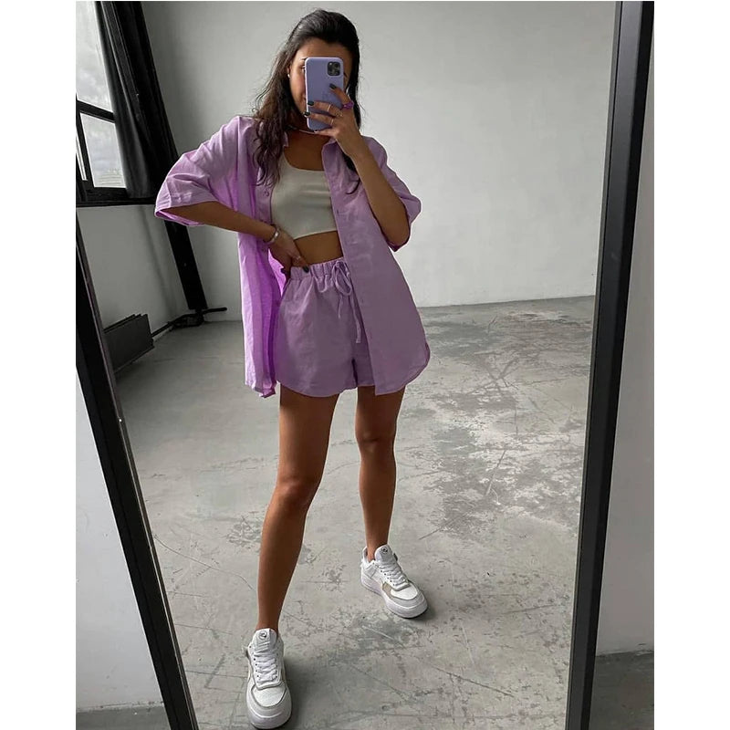 Summer Casual Tracksuit Women's Shorts Suits Green Streetwear Short Sleeve Shirt Tops Loose Drawstring Mini Shorts Two Piece Set