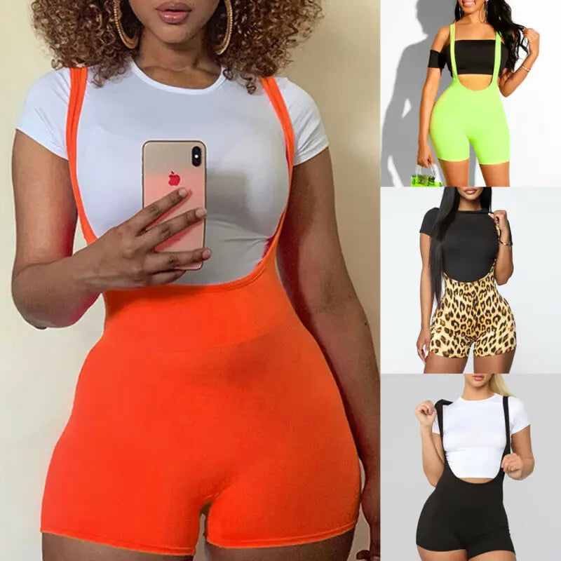 New Fashion Womens Spandex Bib Shorts 2021 Summer Casual Solid Color High Waist Rompers Trousers