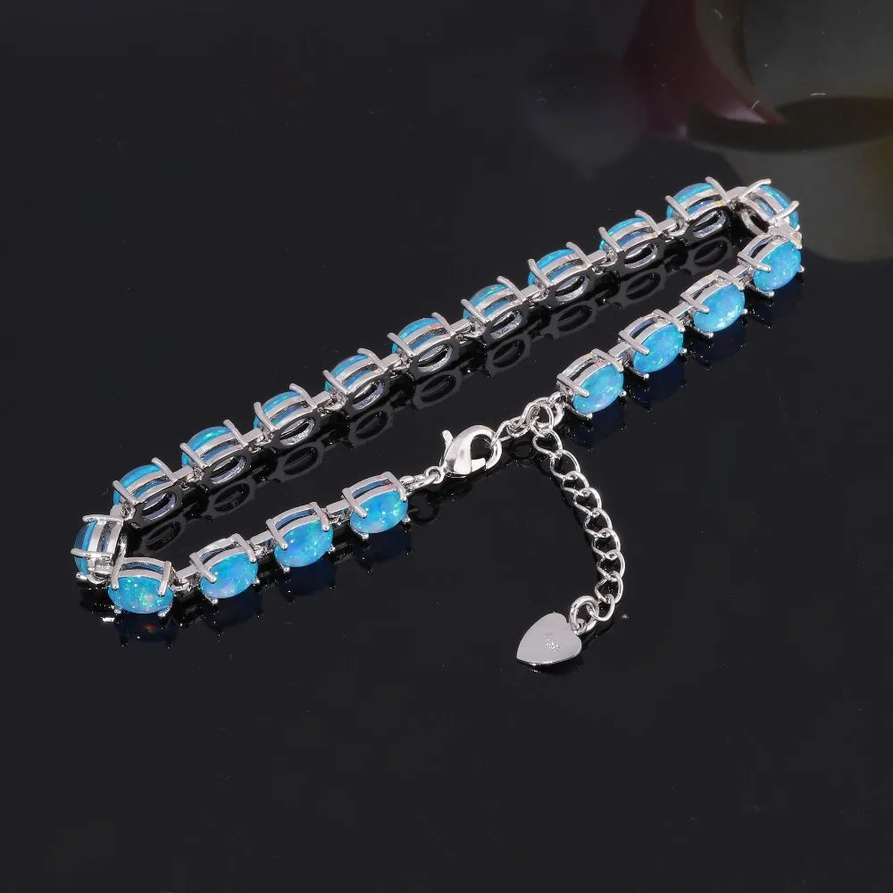 CiNily Blue & White Fire Opal Stone Chain Bracelets Silver Plated Oval Fine Link Bracelet Bohemia BOHO Summer Jewelry Woman Girl