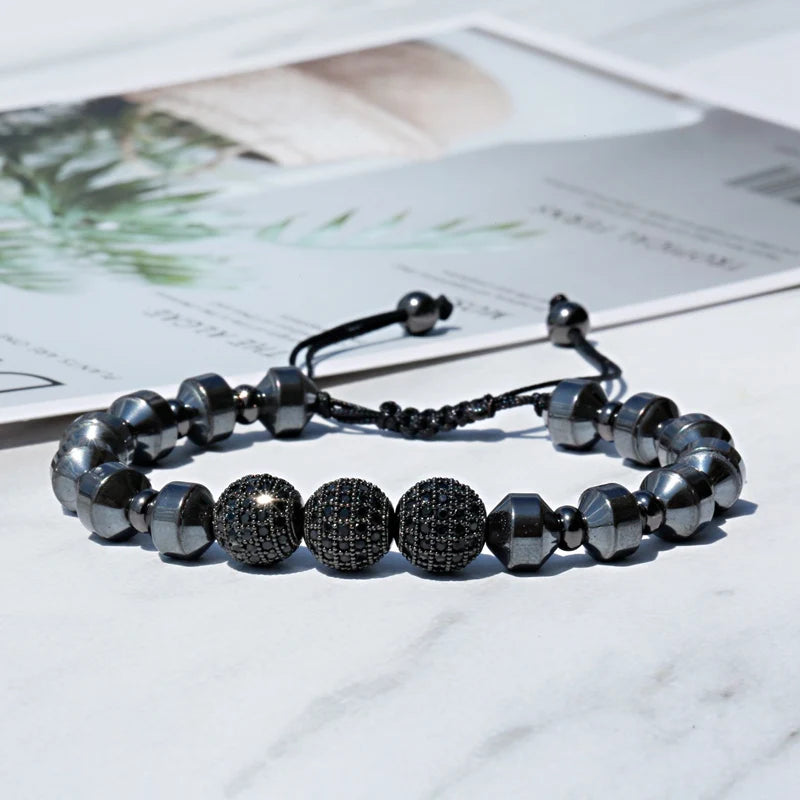 Luxury Micro Pave CZ 8mm Disco Charm Men Bracelet Classic Hematite Beaded Woven Bracelets Bileklik Women Jewelry