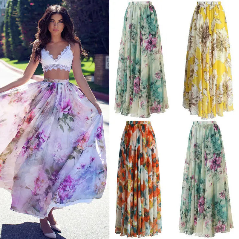 1PC popular Chiffon BOHO Womens Floral Jersey Gypsy Long Maxi Full Skirt Beach Sun Dress High quality Beautiful ladies dress